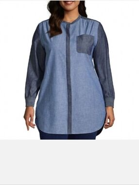 Lands End chambray tunic Top Mandrarin Collar Button Down Colorblock Plus 2X Nwt